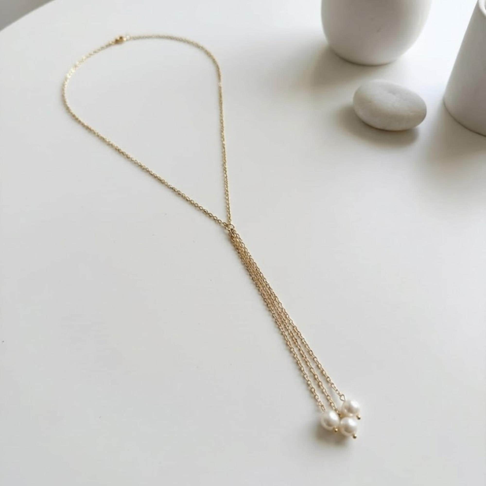 Reversible Pearl Lariat Necklace — Gold Tone