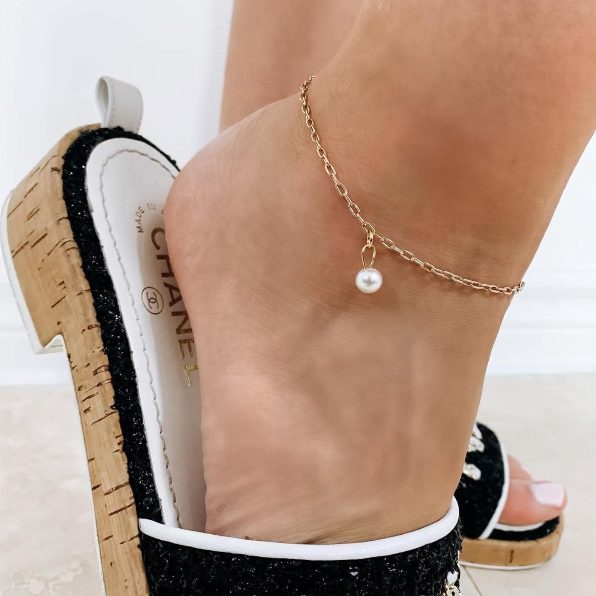 Pearl Chain Anklet — Gold Tone