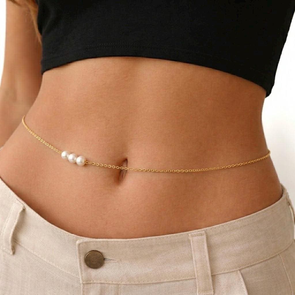 Pearl Beaded Belly Chain — Gold Tone