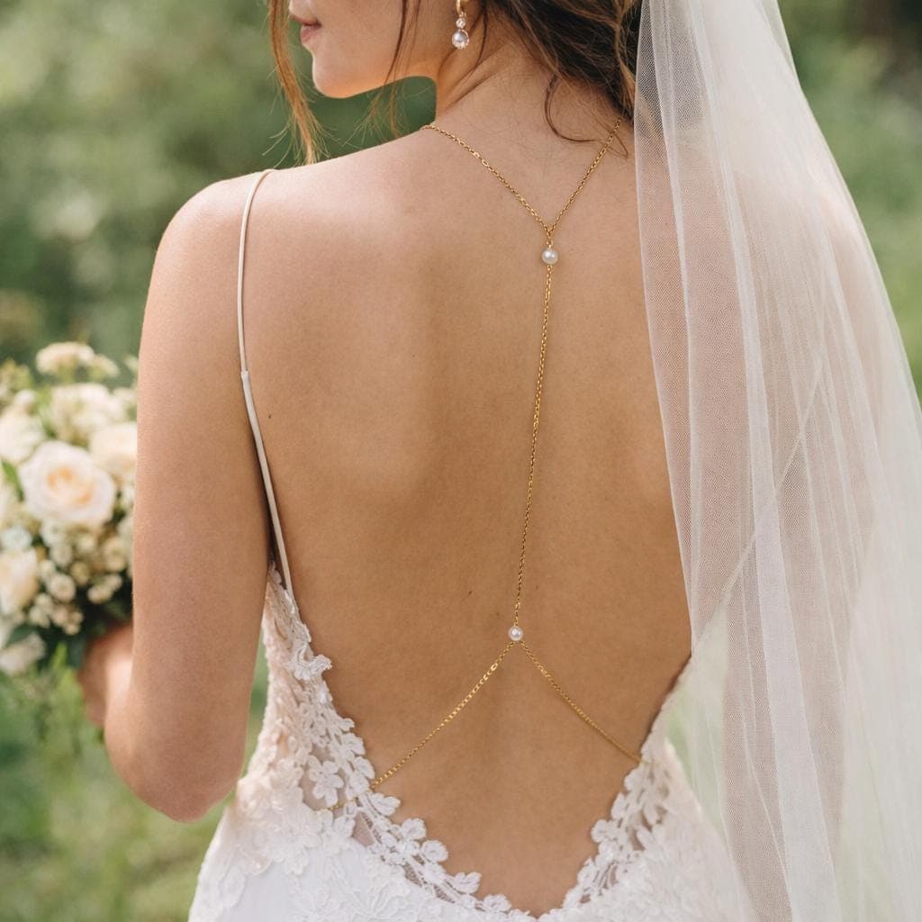 Bridal Pearl Back Necklace — Gold Tone