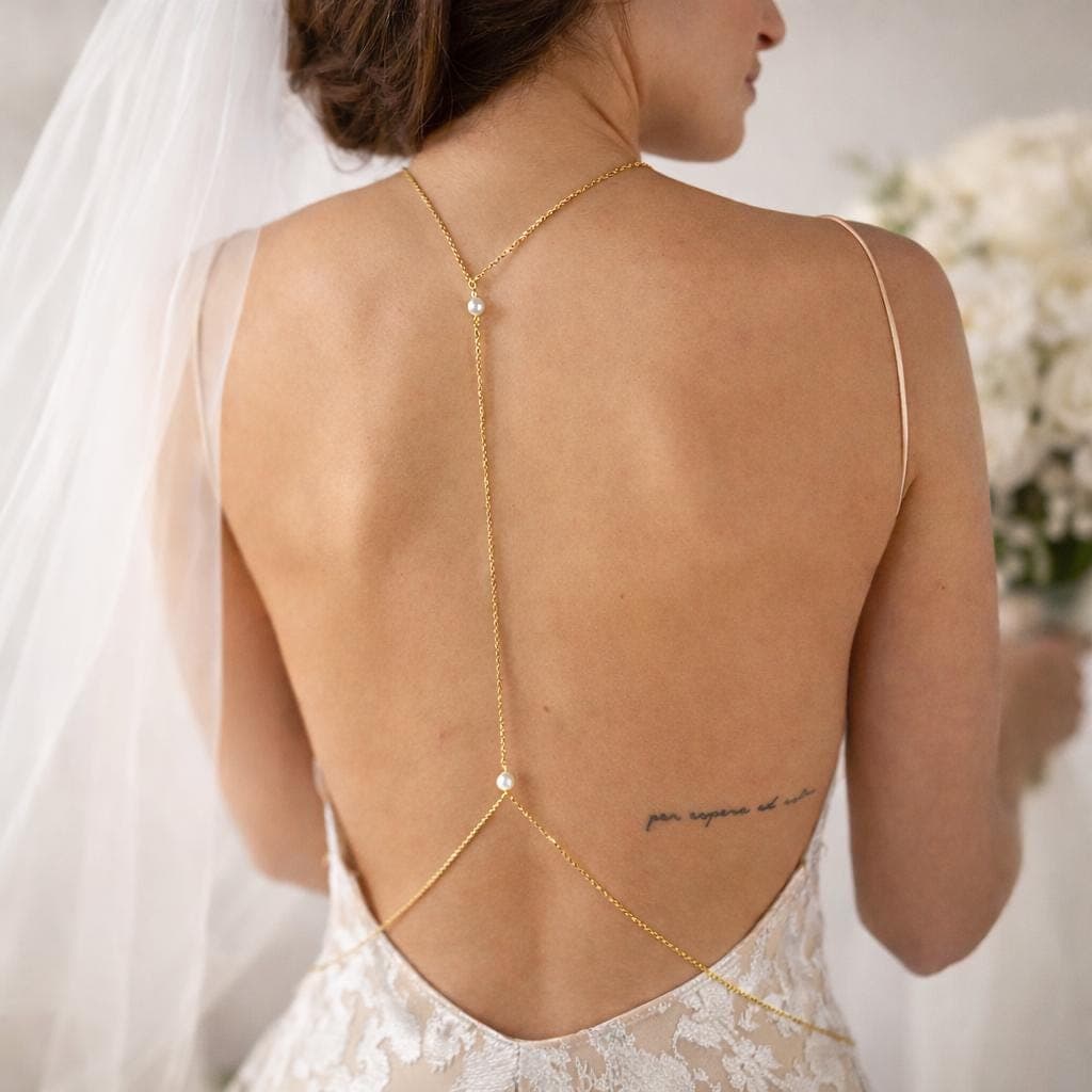 Bridal Pearl Back Necklace — Gold Tone