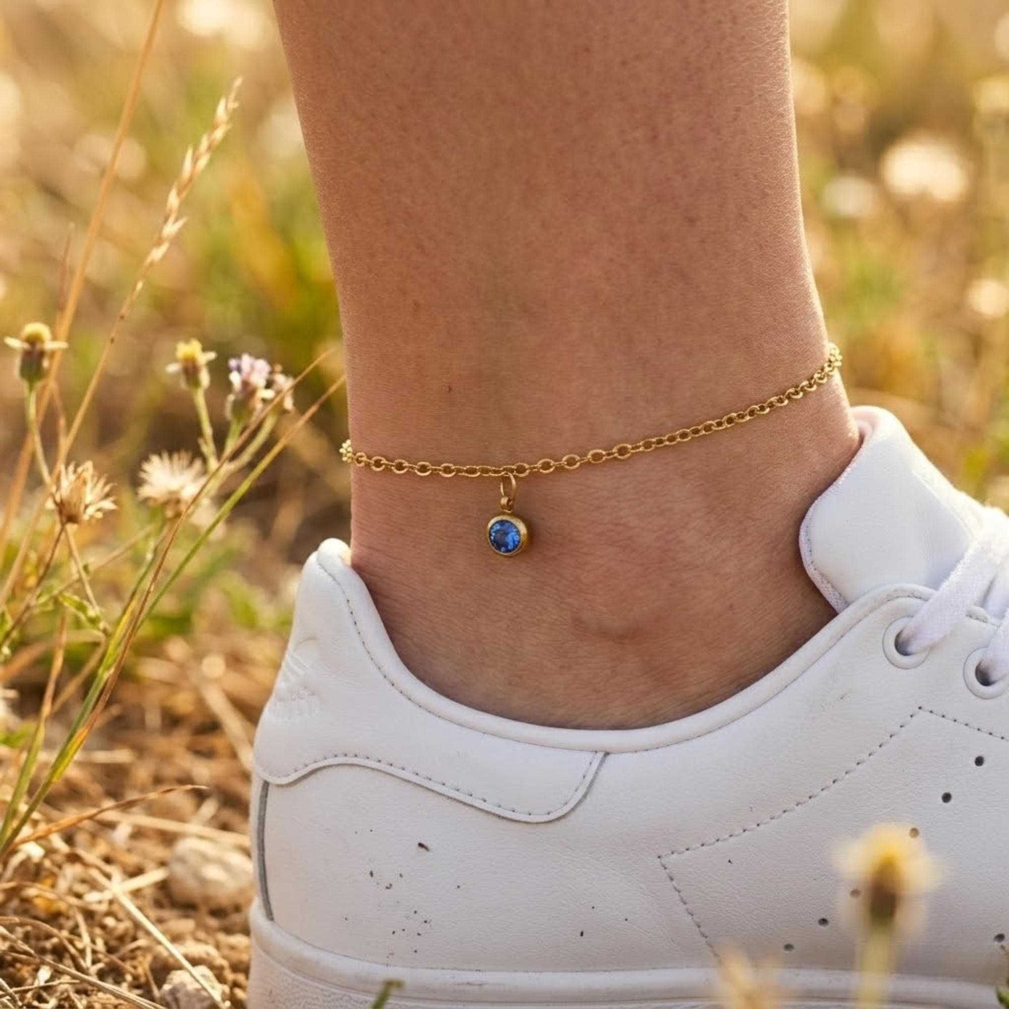Birthstone Gemstone Anklet — Gold Tone