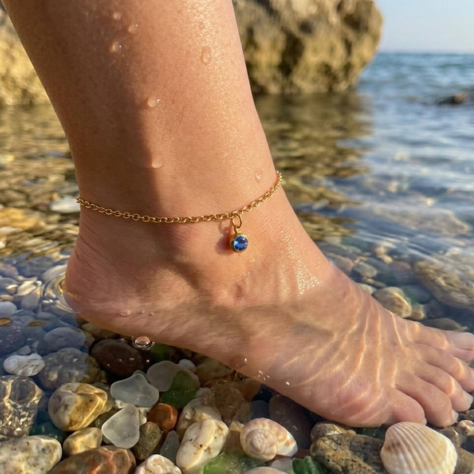 Birthstone Gemstone Anklet — Gold Tone