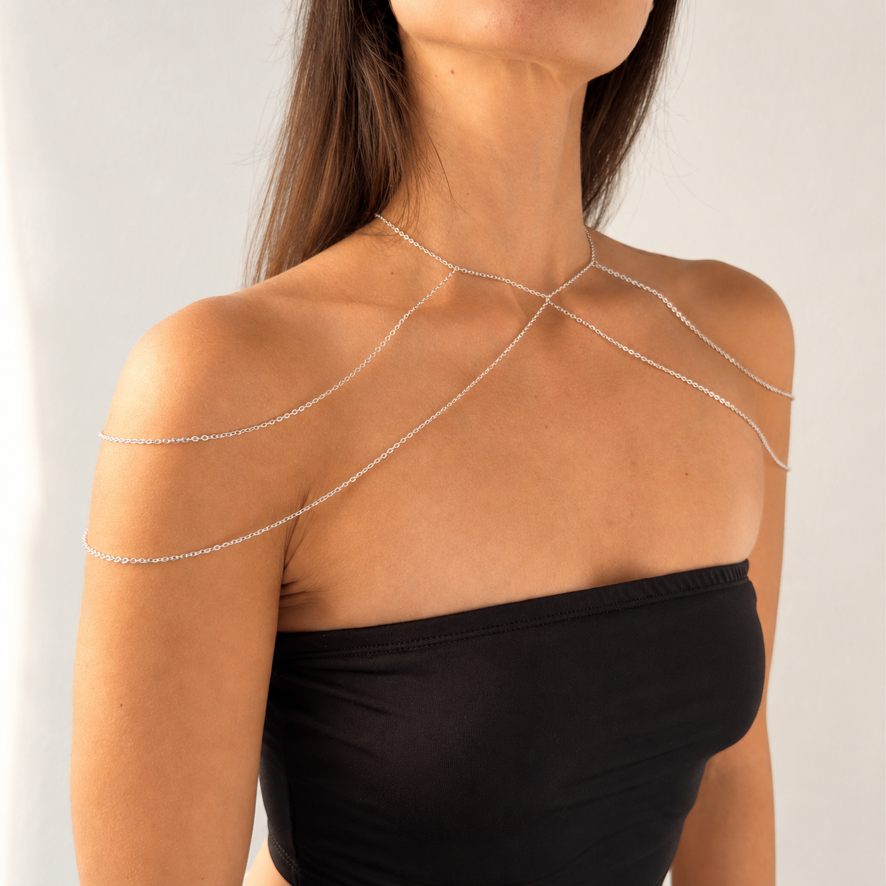 Gold tone stainless steel goddess shoulder chain for weddings and formal events, elegant body jewelry