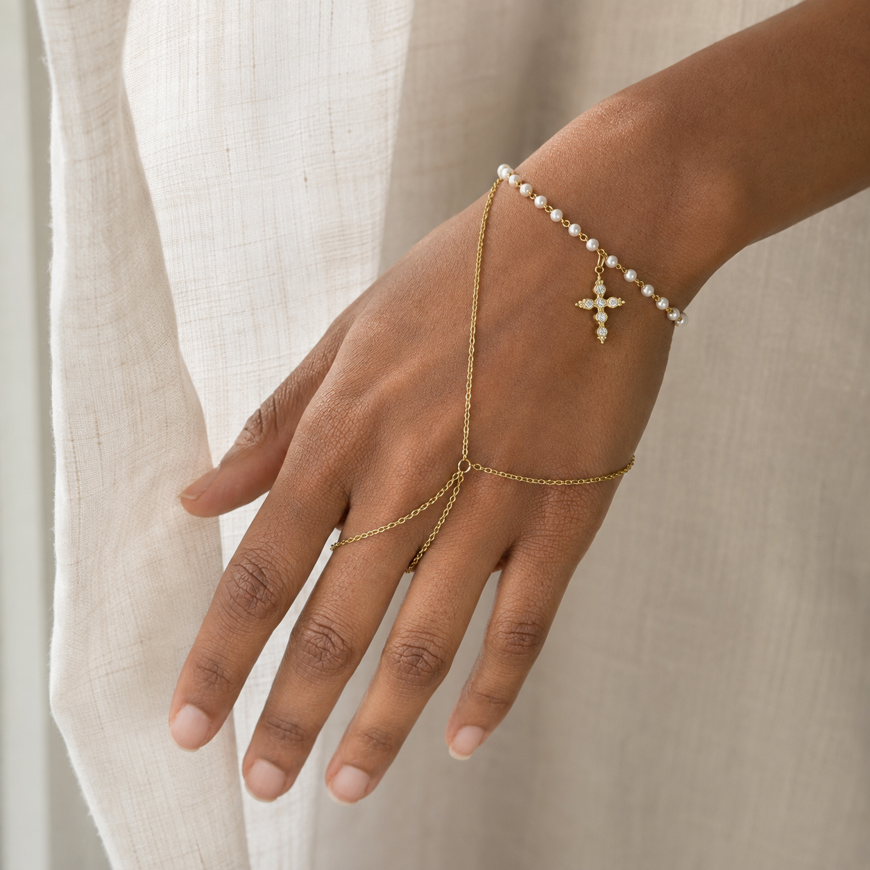 Gold and silver stainless steel pearl hand chain with dangling cross pendant, waterproof faith jewelry for confirmation and communion gifts