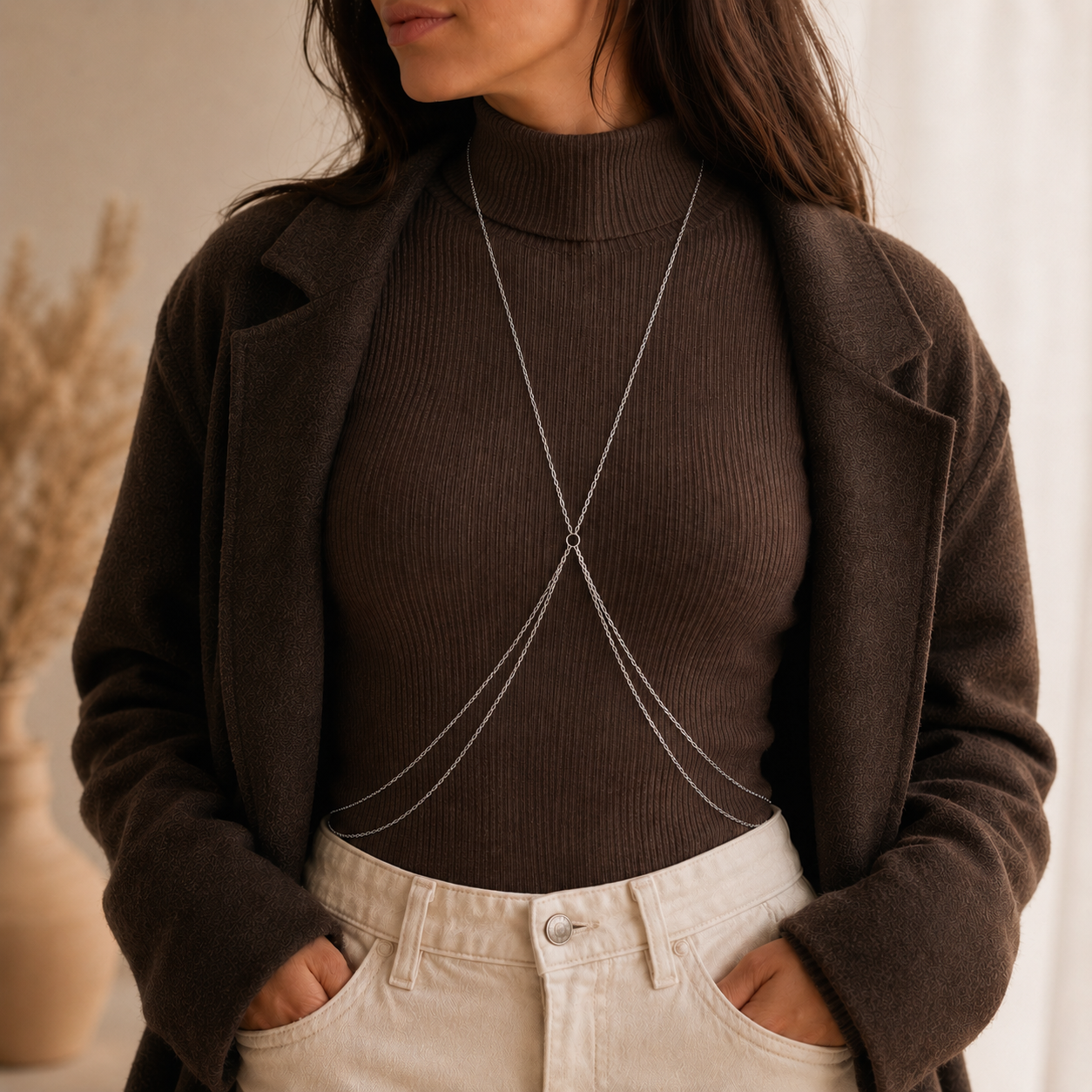 Gold-tone stainless steel layered body chain for festival wear and everyday styling