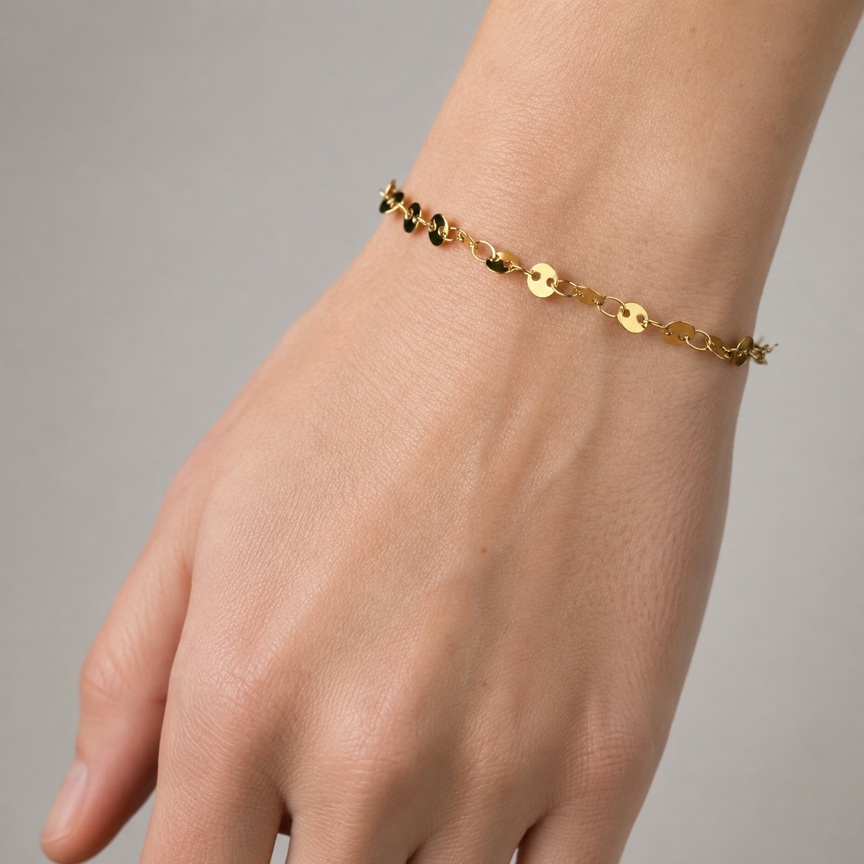 Gold stainless steel dainty coin disc-link chain bracelet, minimalist waterproof jewelry