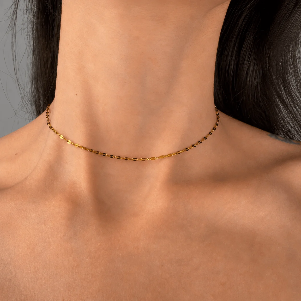 Gold tone dainty satellite link choker necklace in 316L stainless steel for minimalist everyday wear