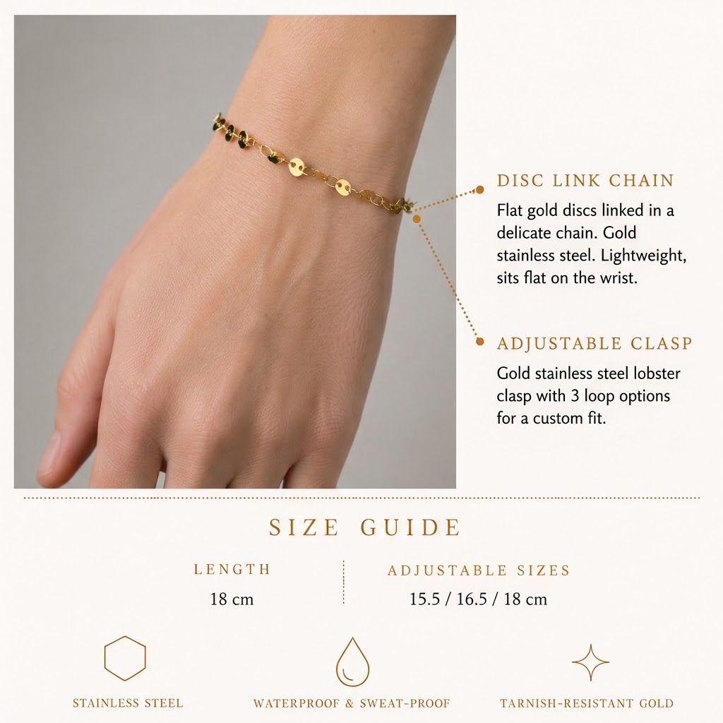 Gold stainless steel dainty coin disc-link chain bracelet, minimalist waterproof jewelry