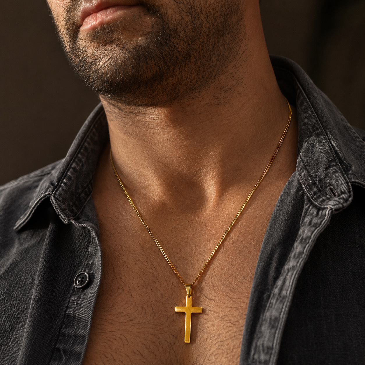 Curb chain cross pendant necklace for men in stainless steel, gold and silver tone, with or without pendant option