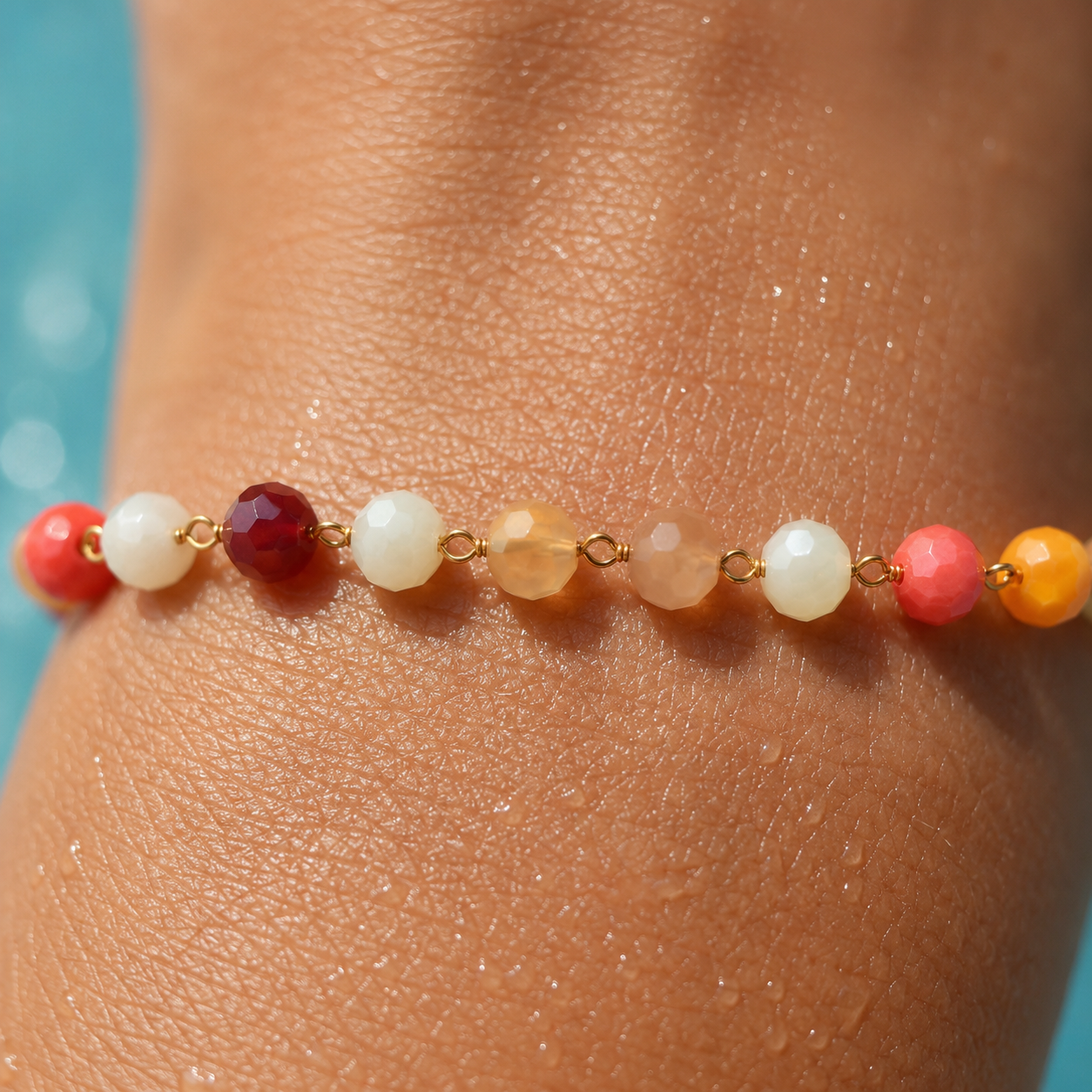 Colorful crystal bead bracelet with faceted glass beads and gold-tone stainless steel chain, waterproof and adjustable