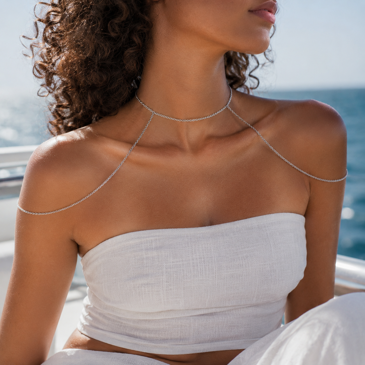 Silver stainless steel shoulder harness chain for elegant evening wear and special occasions
