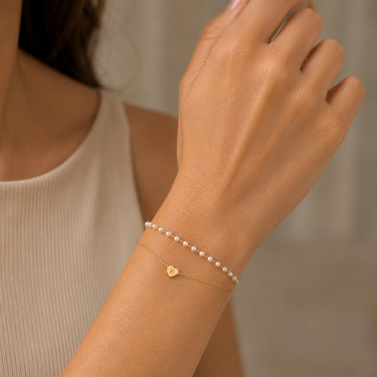 Personalized double-strand pearl bracelet with gold heart charm engraved initial, layered pearl and cable chain bracelet