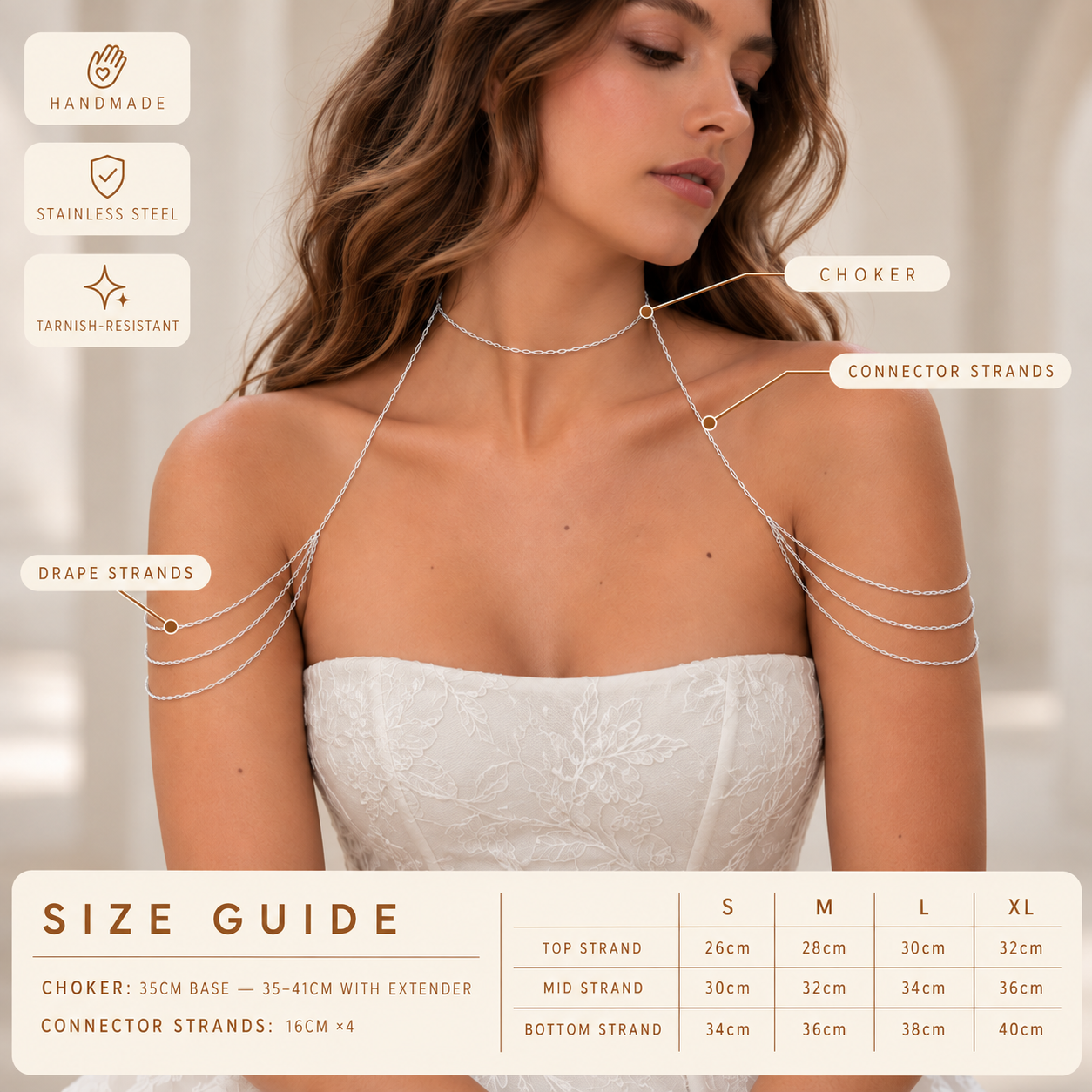 Delicate gold-tone stainless steel bridal shoulder chain for wedding dresses, waterproof shoulder jewelry design