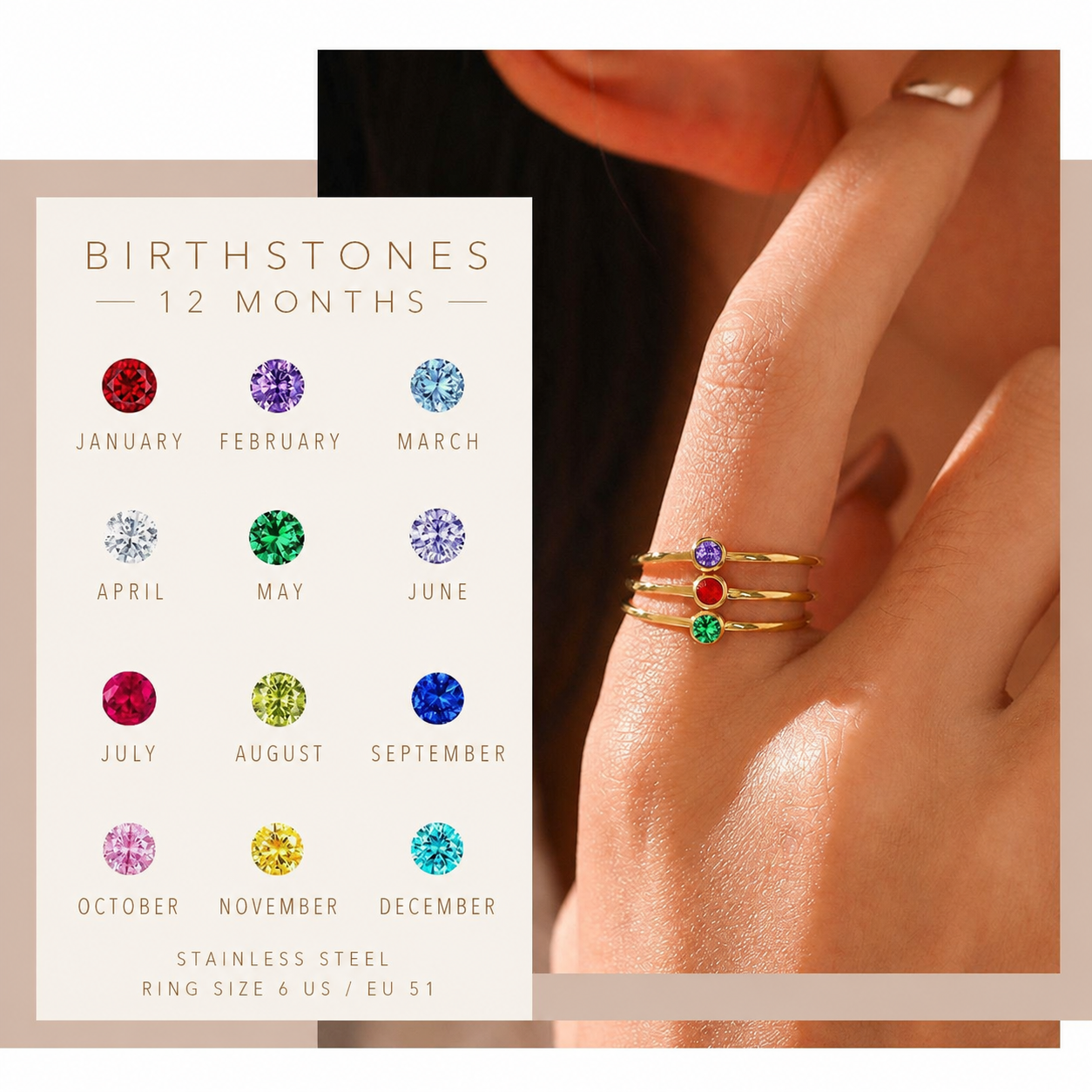 Dainty gold birthstone ring with cubic zirconia stone, stainless steel stacking ring available in 12 birthstone colors, US size 6