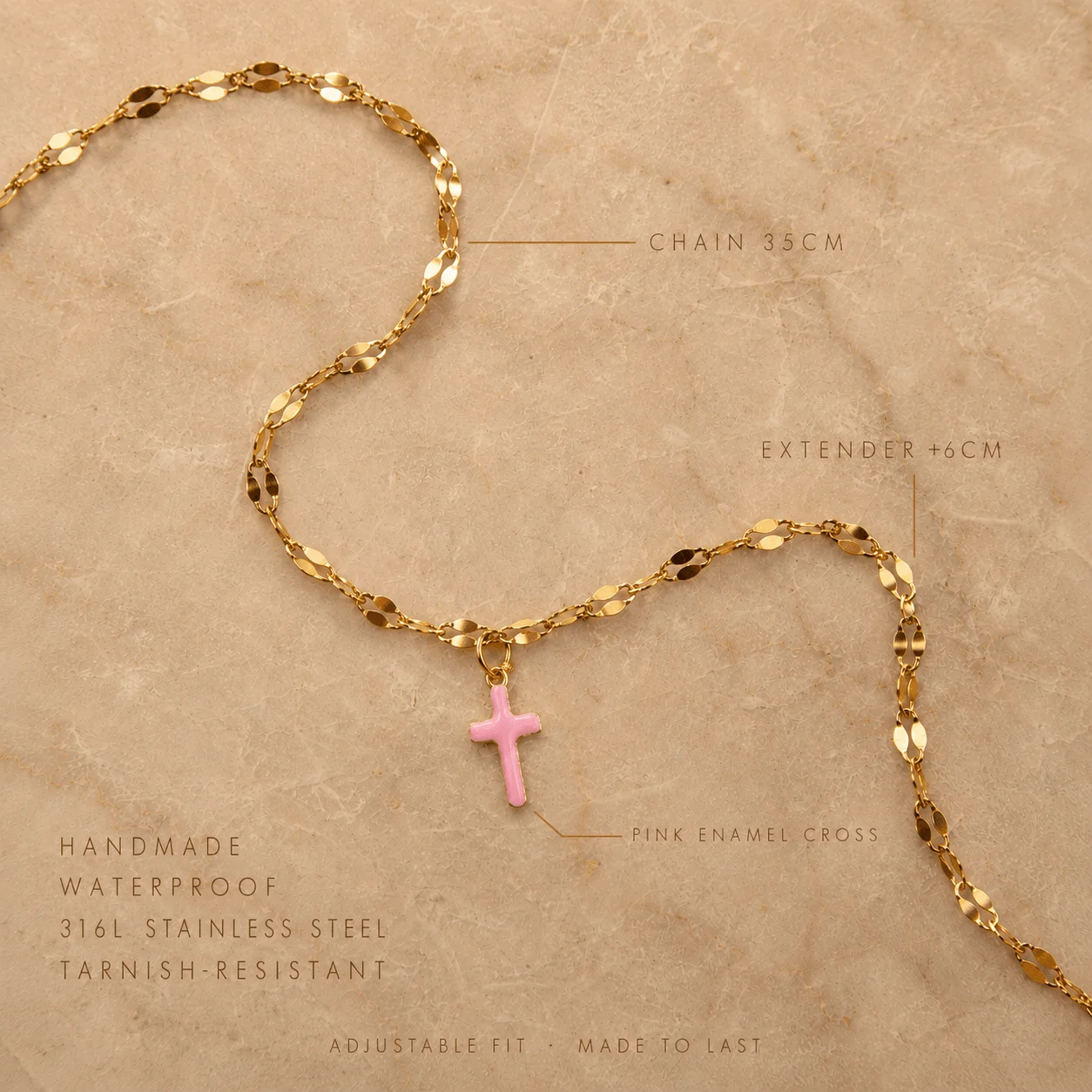 Dainty gold cross choker necklace with pink enamel pendant in stainless steel for everyday wear