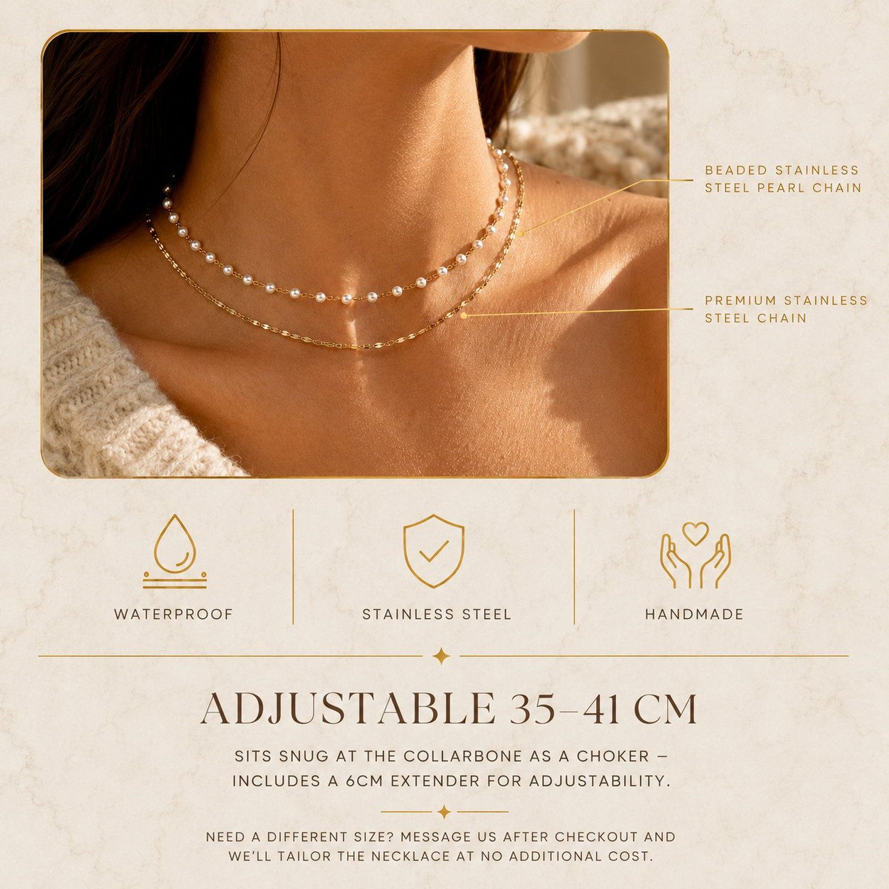 Curated layered necklace stack with pearl bead choker, cable chain, and zodiac pendant necklace in waterproof gold or silver stainless steel