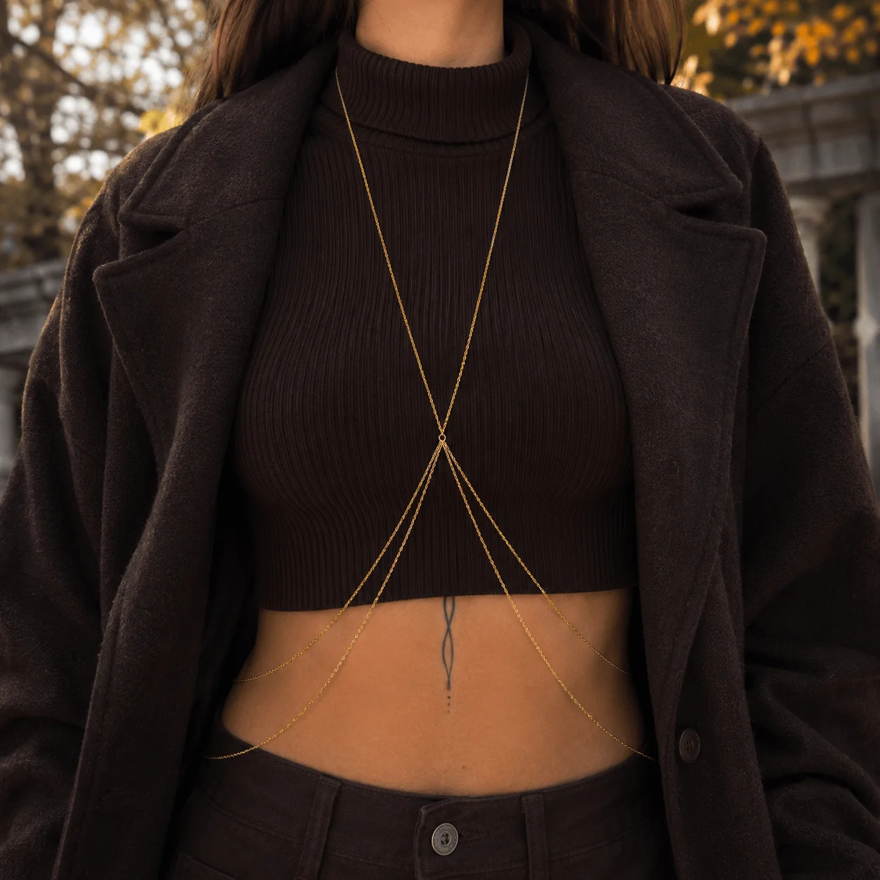 Layered gold-tone stainless steel body chain for festivals and everyday wear, waterproof and tarnish-resistant