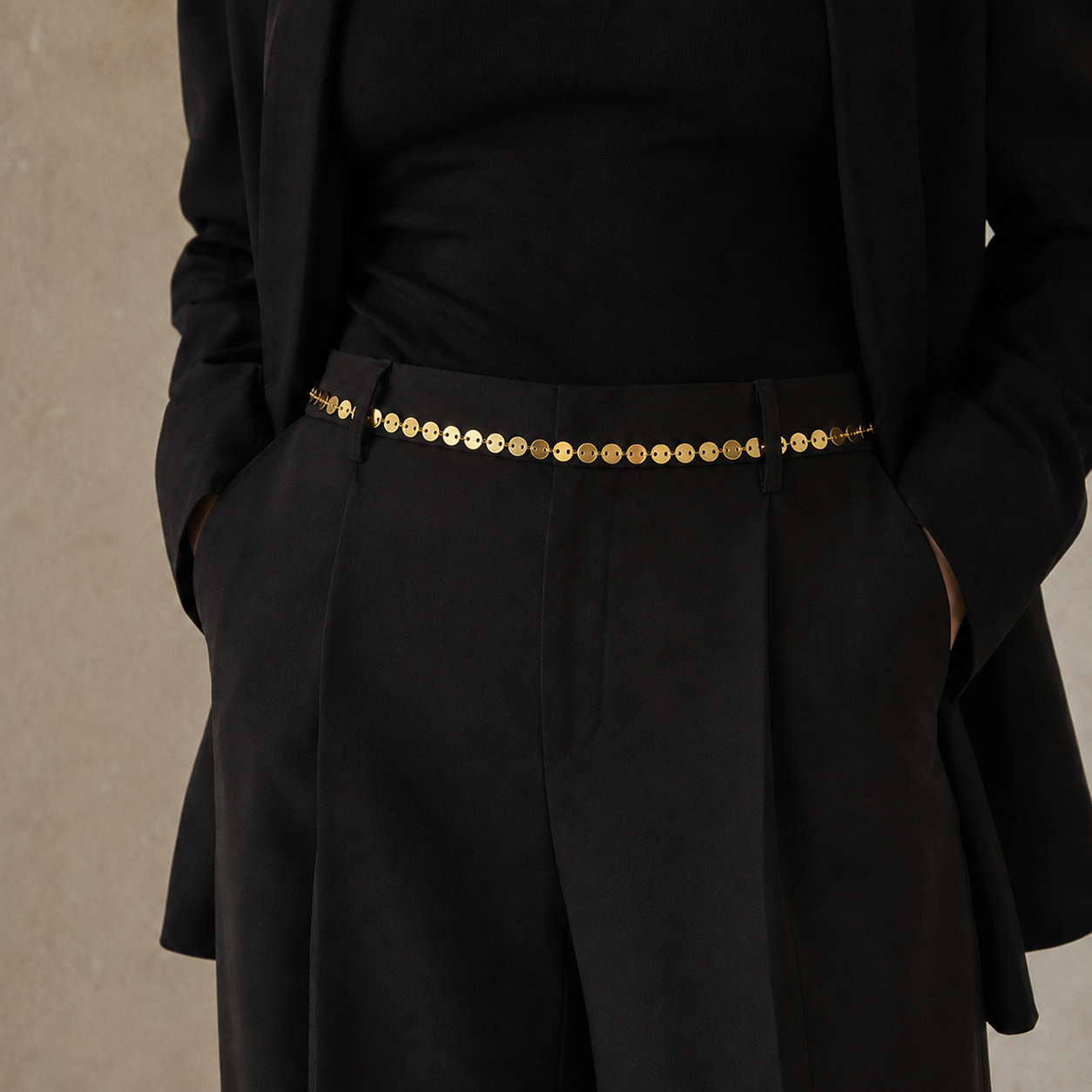 Gold-tone stainless steel disc-link chain belt, waterproof and adjustable waist belt