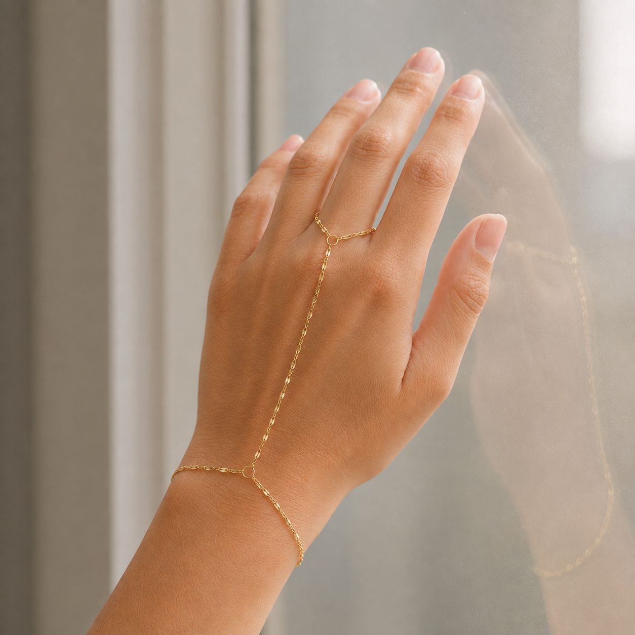 Dainty gold and silver stainless steel mirror link hand chain, adjustable finger to wrist bracelet