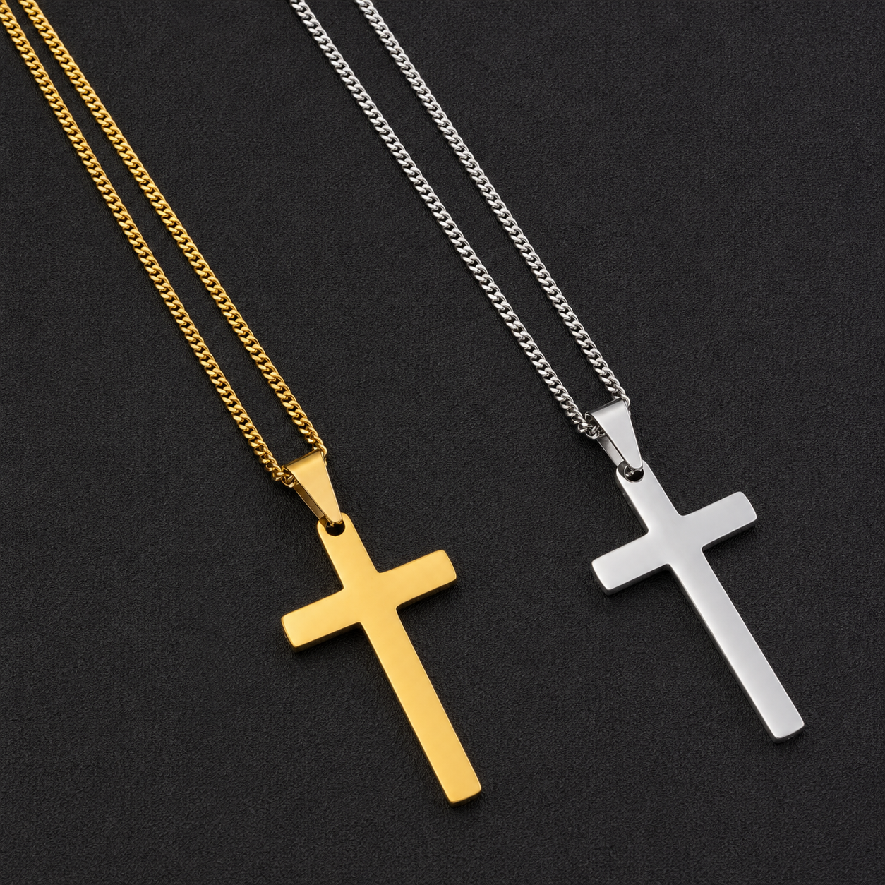 Curb chain cross pendant necklace for men in stainless steel, gold and silver tone, with or without pendant option