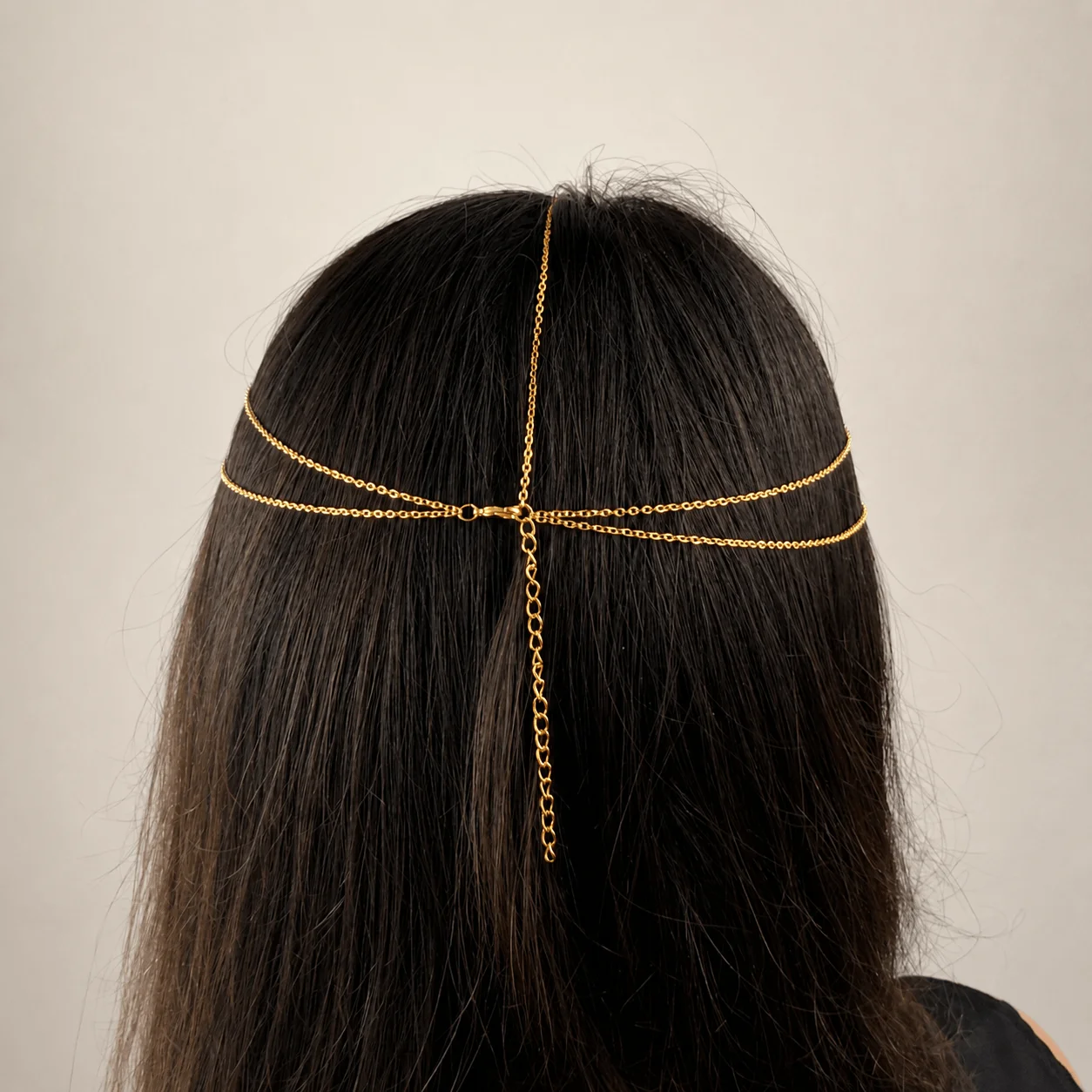 Gold-tone stainless steel bridal forehead chain draped across hairline for wedding headpiece jewelry