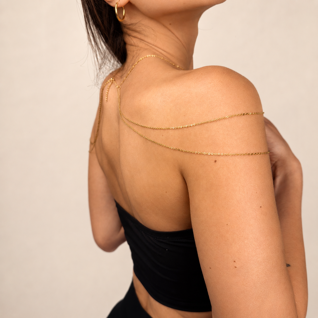 Gold tone stainless steel goddess shoulder chain for weddings and formal events, elegant body jewelry