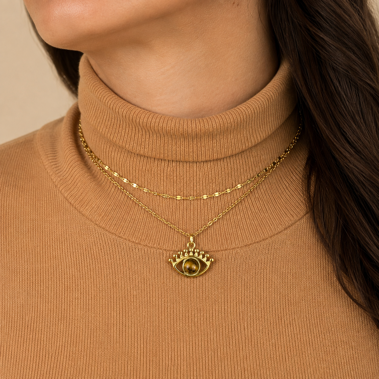 Gold-tone stainless steel double-layer choker necklace with evil eye charm and natural tiger's eye stone