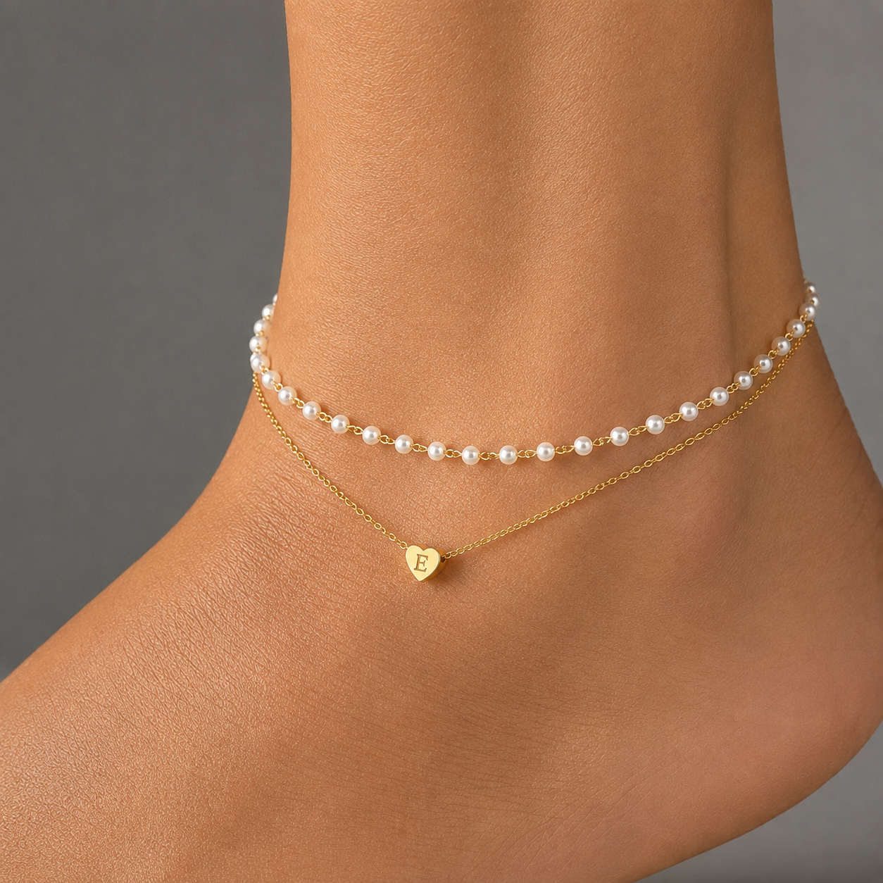 Personalized double-strand pearl anklet with gold heart charm engraved initial, layered pearl and cable chain anklet