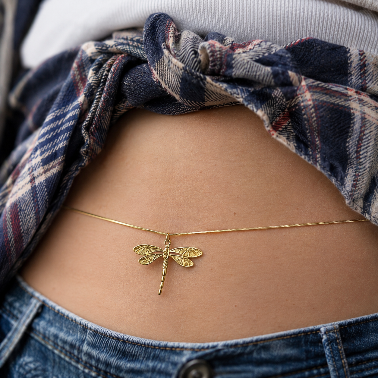 Gold and silver stainless steel snake chain belly chain with detailed dragonfly charm, adjustable waist chain