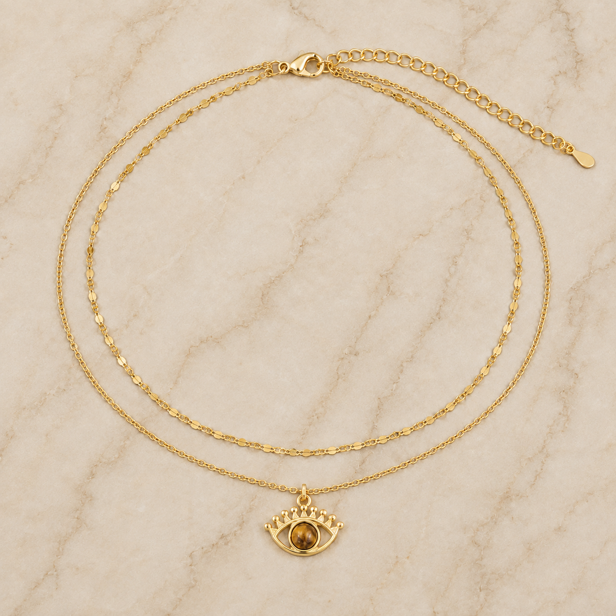 Gold-tone stainless steel double-layer choker necklace with evil eye charm and natural tiger's eye stone