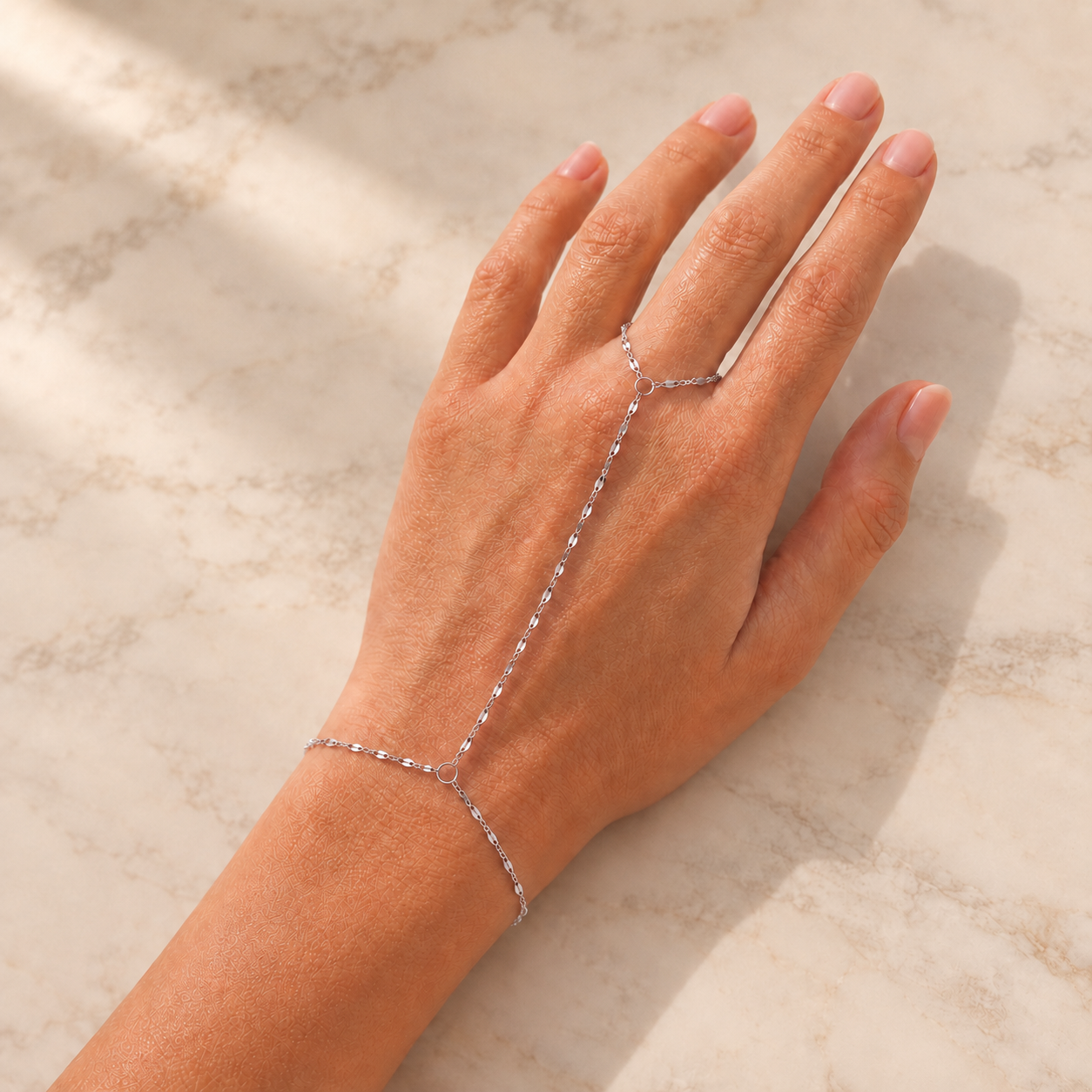 Dainty gold and silver stainless steel mirror link hand chain, adjustable finger to wrist bracelet