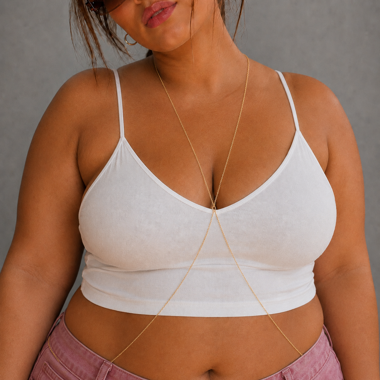 Plus size gold and silver stainless steel body chain, waterproof bikini accessory for curvy women, four fitted sizes