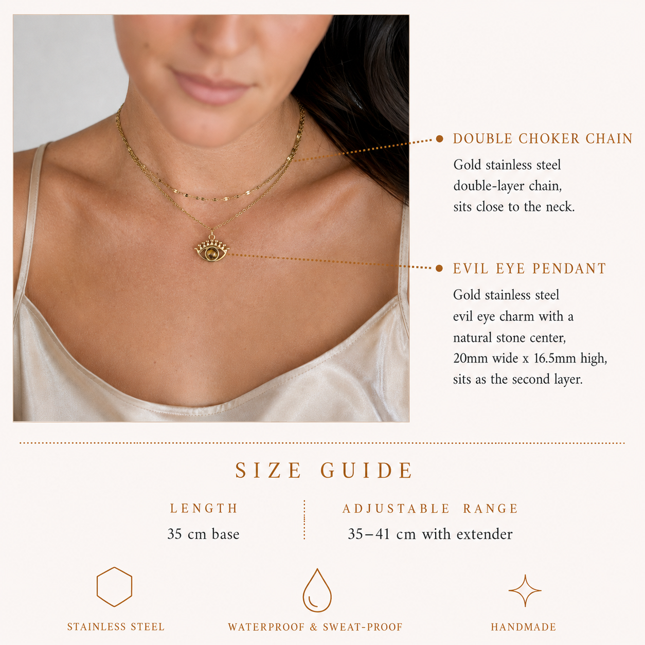 Gold-tone stainless steel double-layer choker necklace with evil eye charm and natural tiger's eye stone