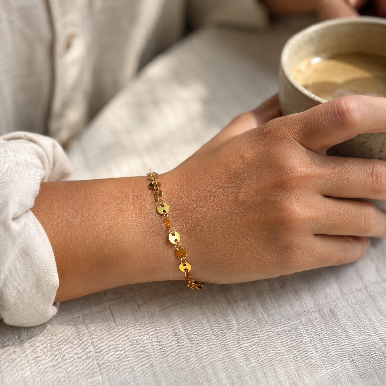 Gold stainless steel dainty coin disc-link chain bracelet, minimalist waterproof jewelry