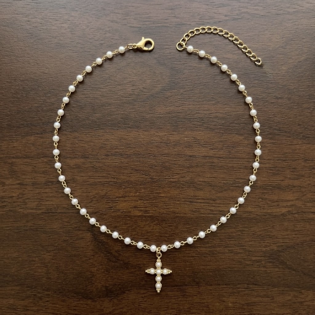 Dainty gold-tone stainless steel rosary pearl chain choker with cross pendant, waterproof necklace for women