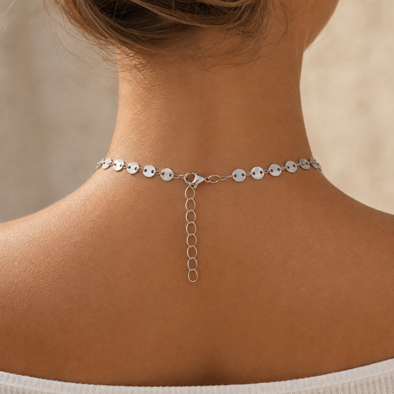Coin disc chain choker necklace in gold and silver tone stainless steel, waterproof and tarnish-resistant minimalist layering necklace