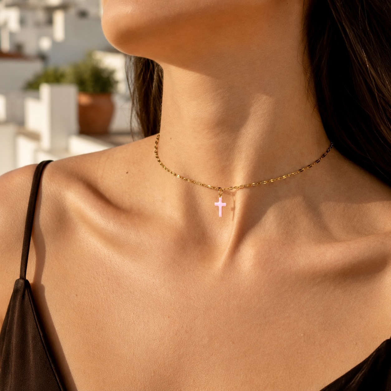 Dainty pink cross choker necklace in gold stainless steel, minimalist religious jewelry for women
