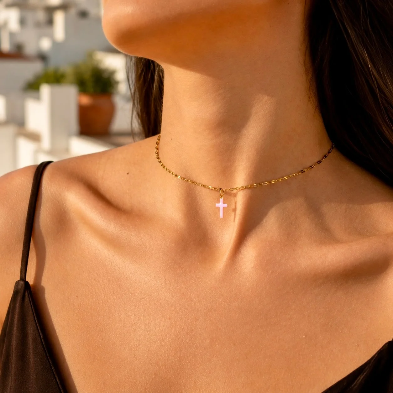 Delicate gold chain necklace with pink enamel cross choker, dainty stainless steel design for women