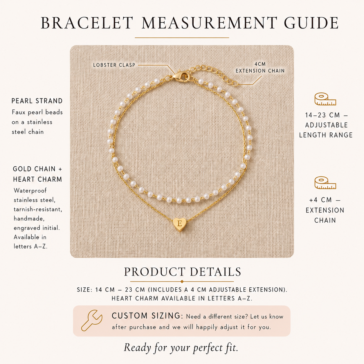 Personalized double-strand pearl bracelet with gold heart charm engraved initial, layered pearl and cable chain bracelet