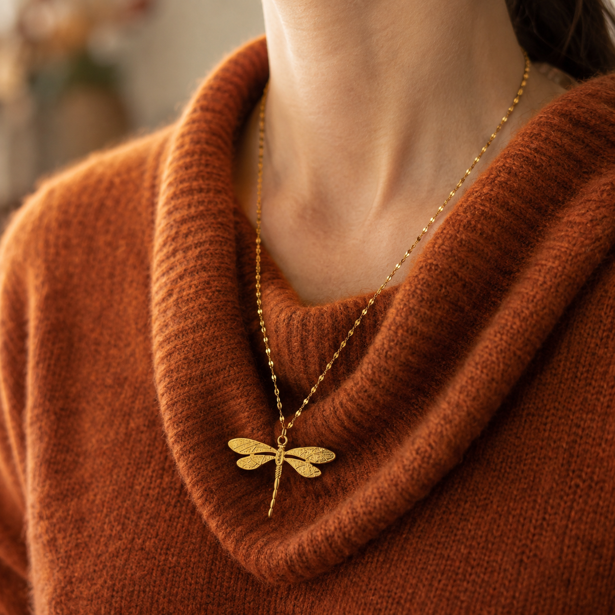 Gold and silver stainless steel mirror-link chain necklace with detailed dragonfly charm pendant
