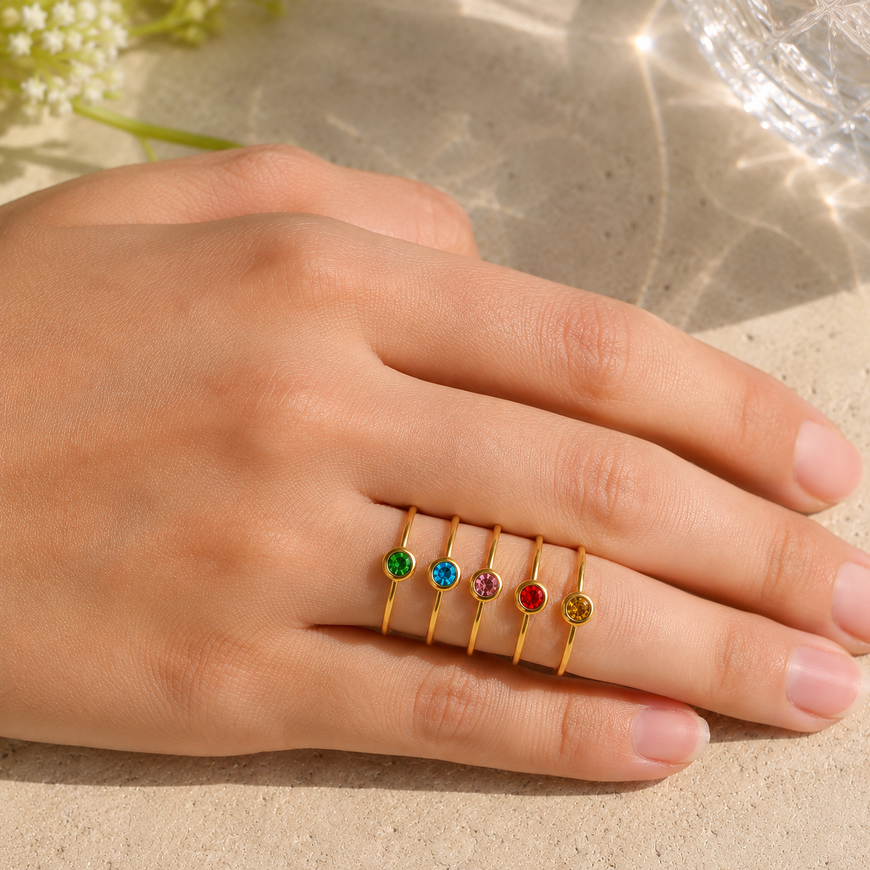 Dainty gold birthstone ring with cubic zirconia stone, stainless steel stacking ring available in 12 birthstone colors, US size 6