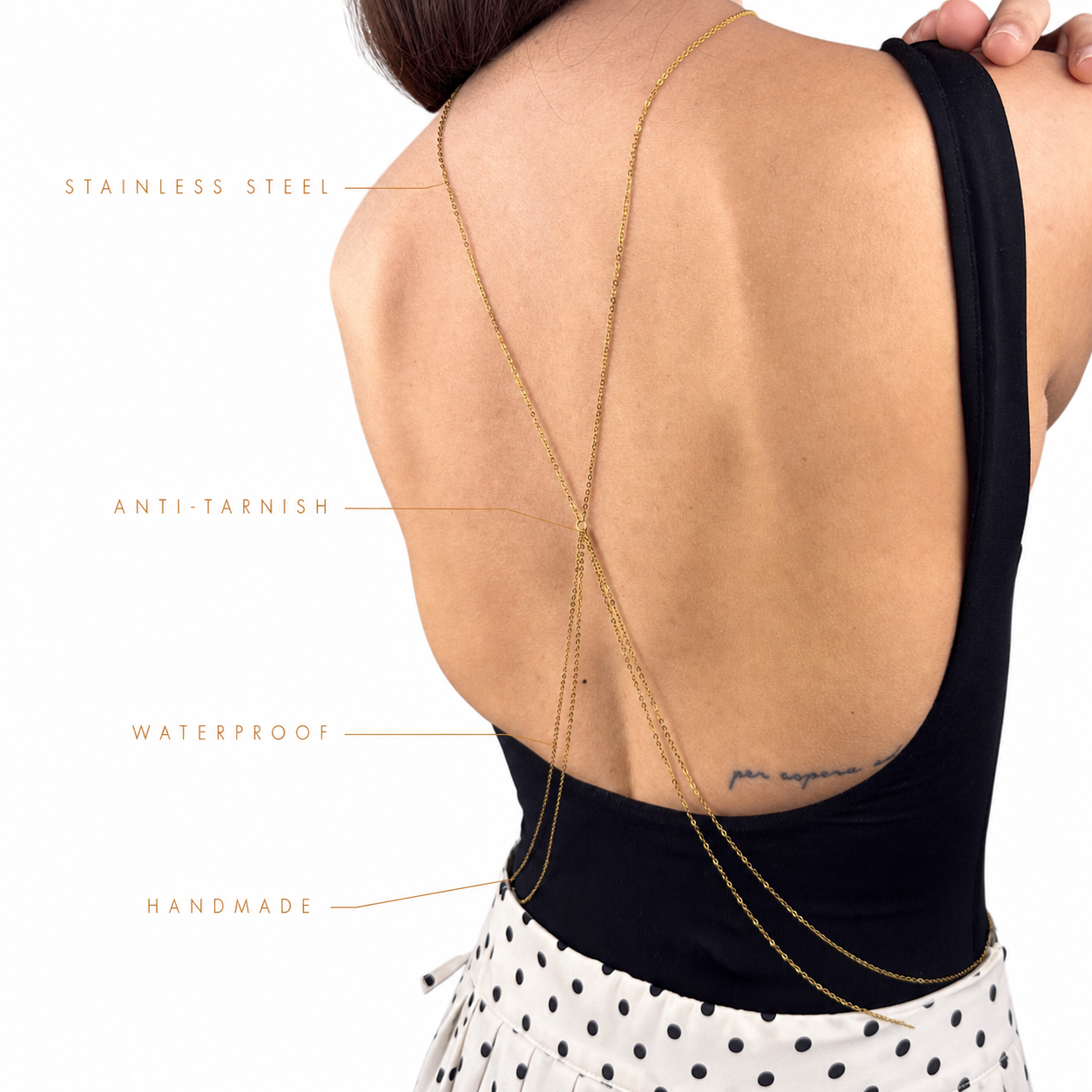 Gold tone stainless steel boho back chain for festival weddings and beach events