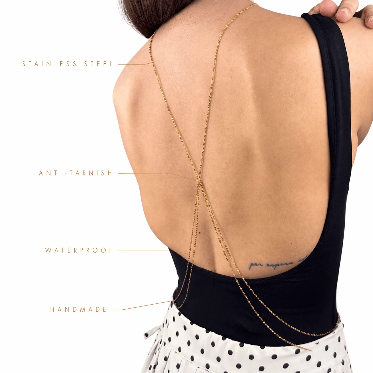 Gold tone stainless steel boho back chain for festival and wedding statement jewelry
