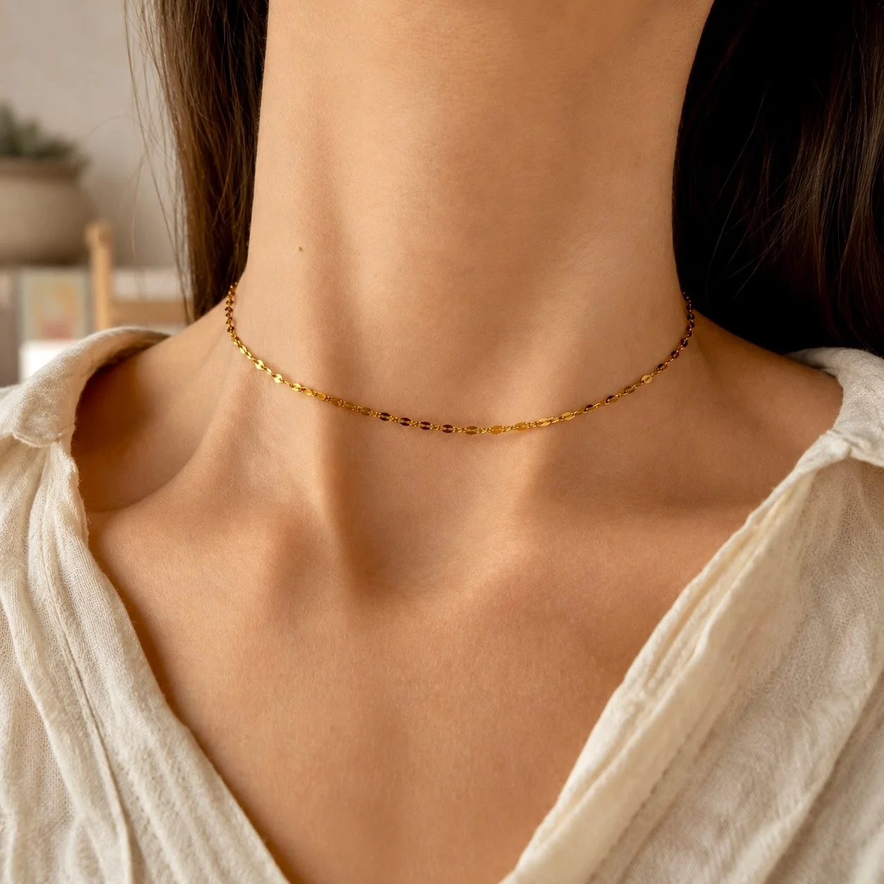 Gold tone dainty satellite link choker necklace in 316L stainless steel for minimalist everyday wear