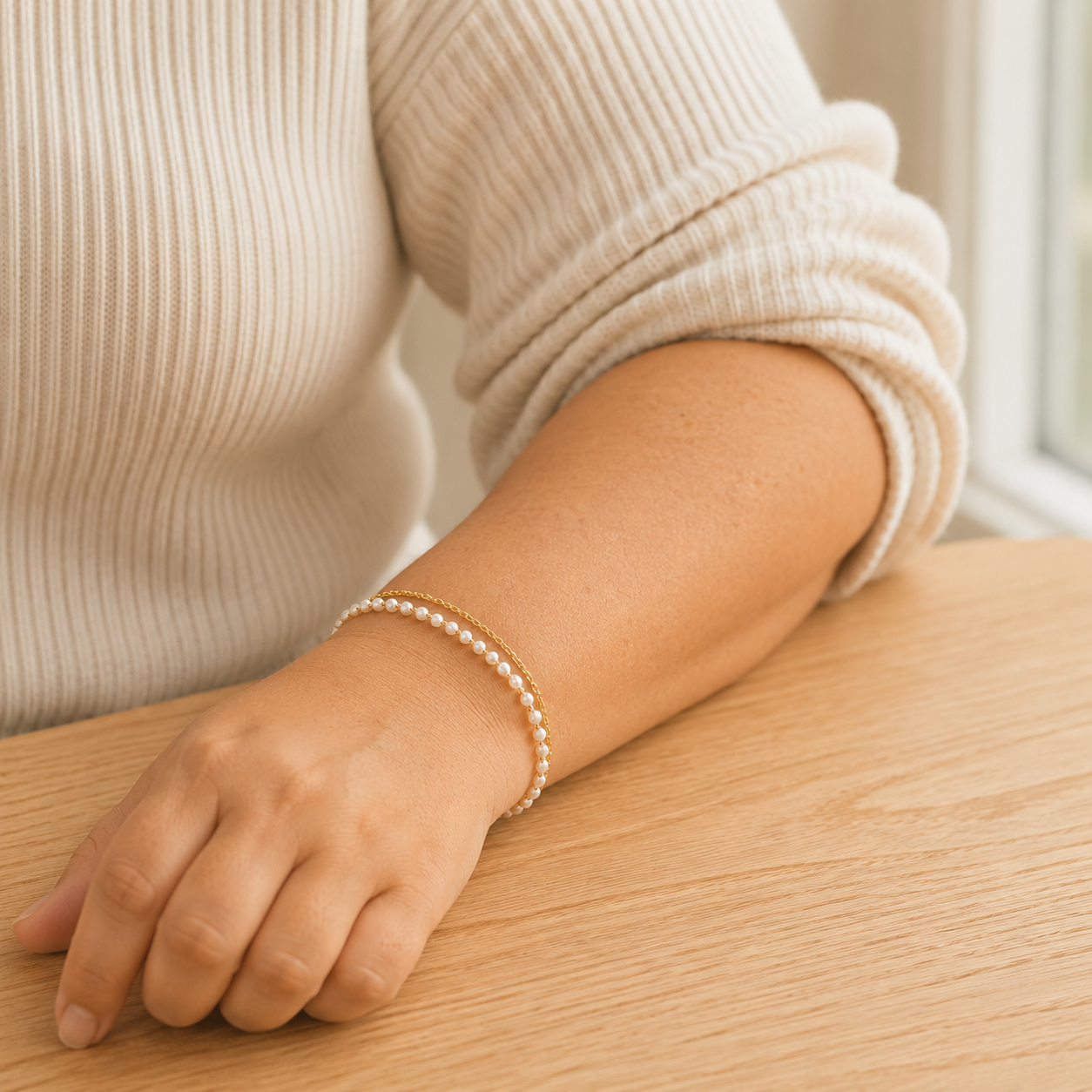 Plus size gold and silver stainless steel faux pearl bracelet, adjustable double-strand wrist chain for curvy women, six fitted sizes