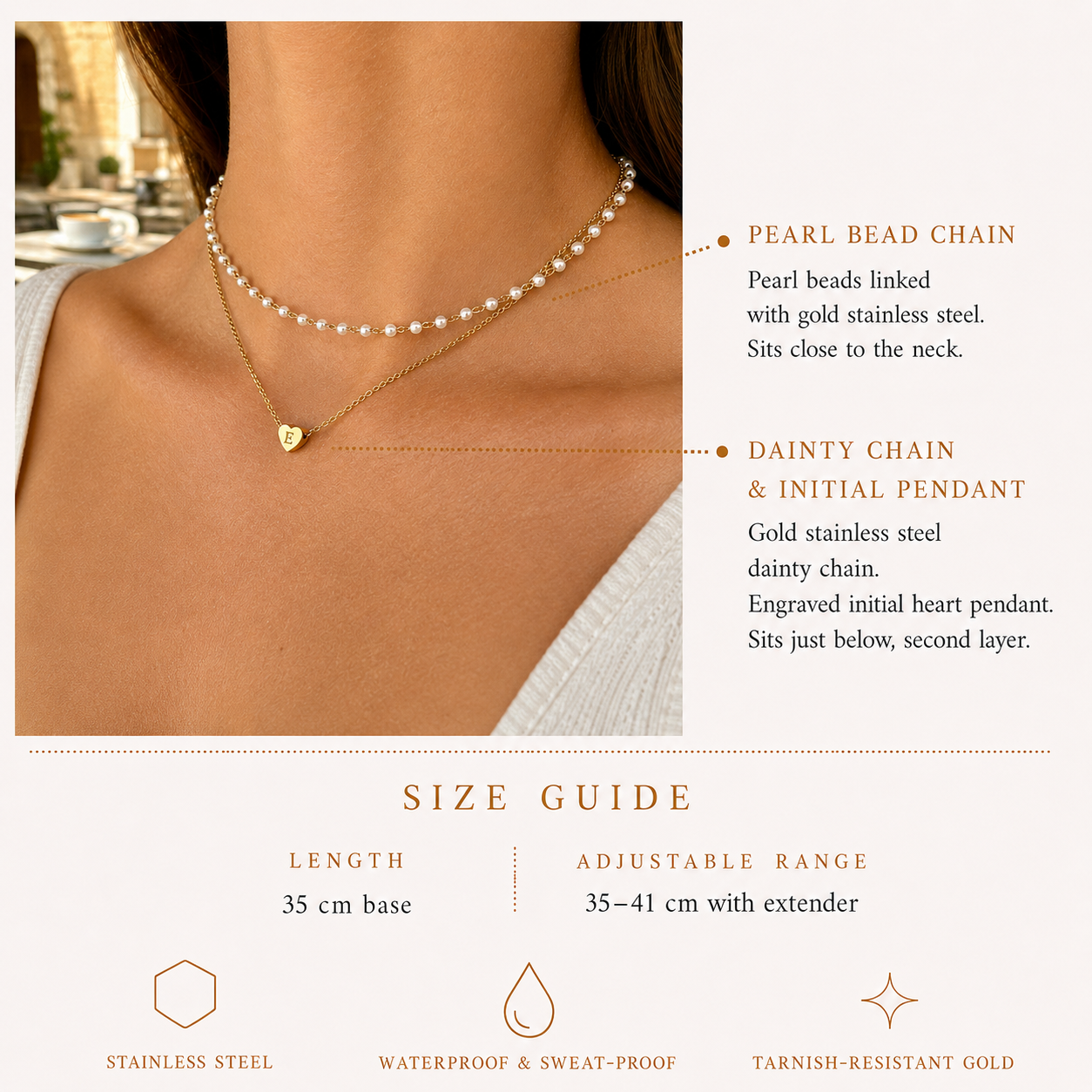 Gold-tone stainless steel maximalist layered necklace stack with pearl choker, heart initial pendant, and zodiac charm