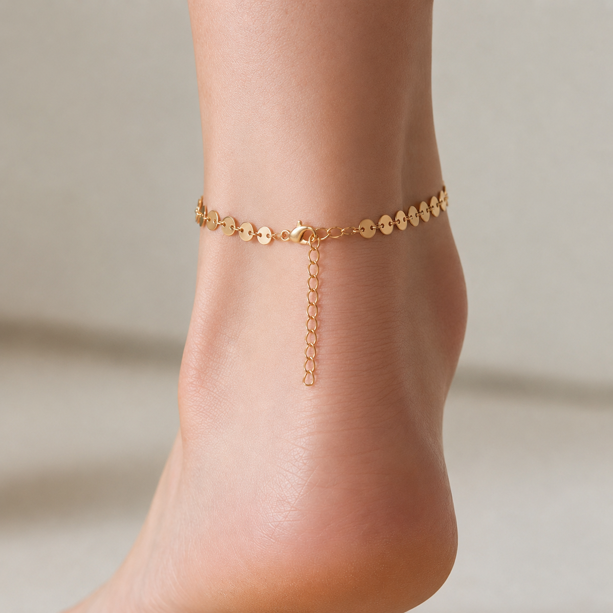 Coin disc chain anklet in gold and silver tone stainless steel, waterproof and tarnish-resistant dainty ankle jewelry