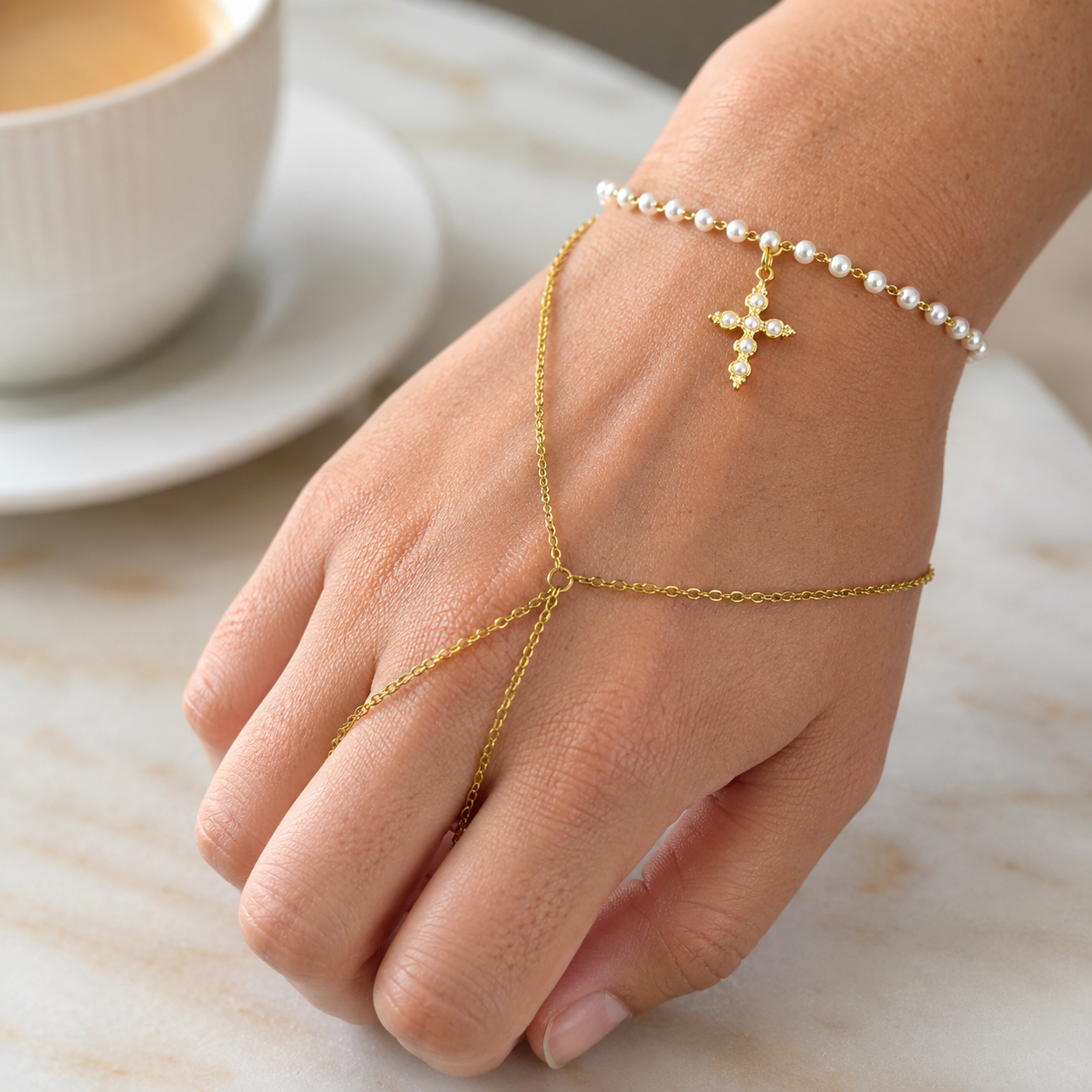 Gold and silver stainless steel pearl hand chain with dangling cross pendant, waterproof faith jewelry for confirmation and communion gifts