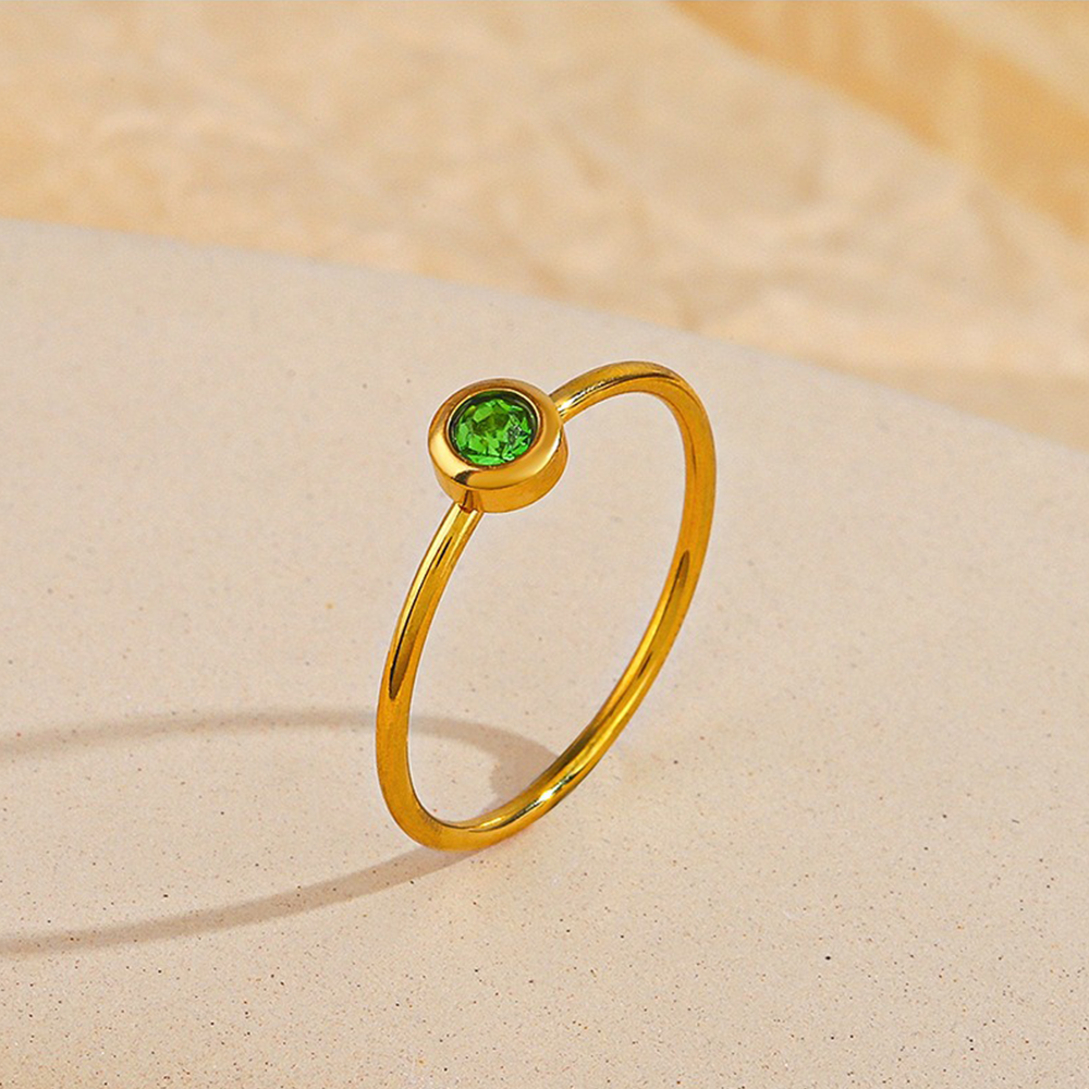 Dainty gold birthstone ring with cubic zirconia stone, stainless steel stacking ring available in 12 birthstone colors, US size 6